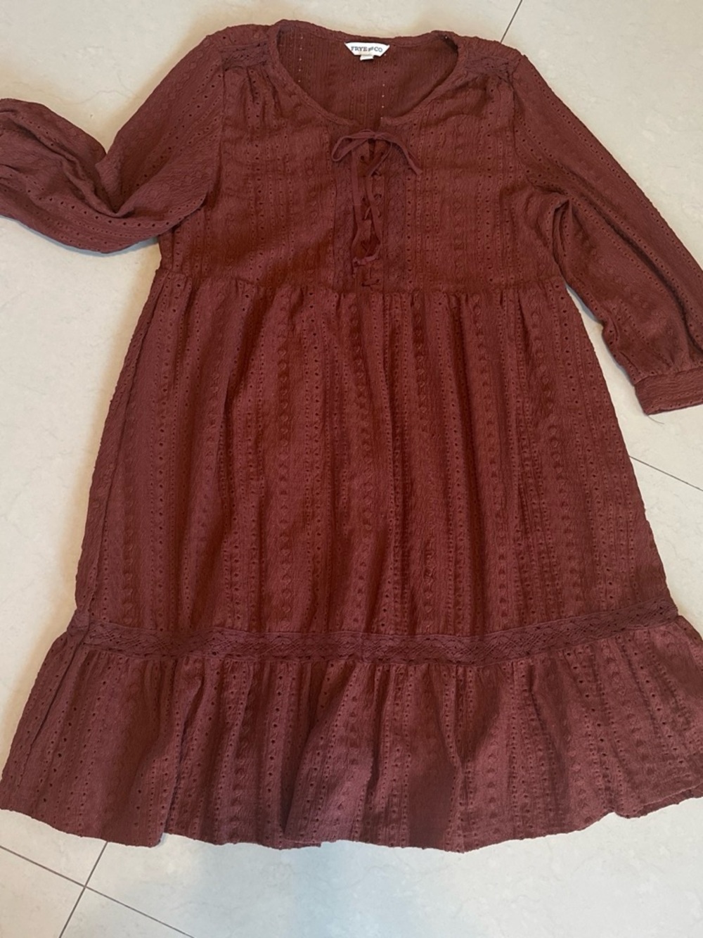 FRYE AND CO. Maroon Eyelet Tiered Dress with Lace-Up Front